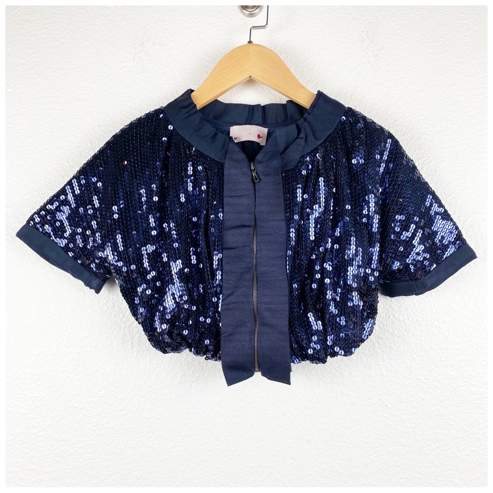 Lanvin Petite Blue Sequin Short Sleeve‎ Jacket Size 4 Designer Party